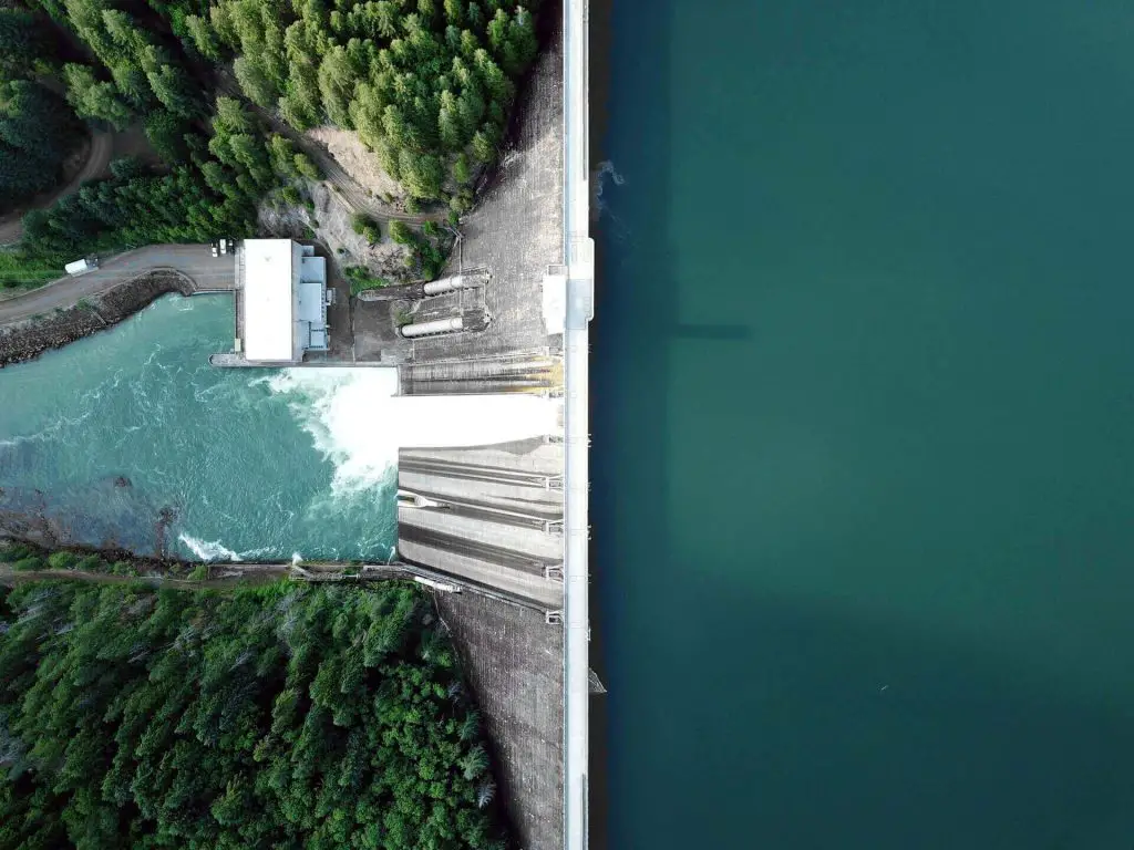 Aerial view of dam from drone